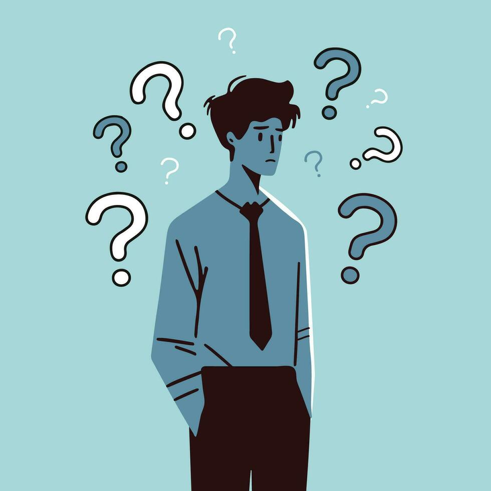 unhappy sad face young business man worries thoughts and question mark above his head, entrepreneur doubt confused boy hand on pocket wearing tie puzzled expression feelings cartoon character vector