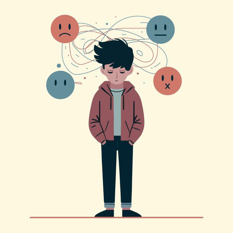 young student sad facial expression hands on pant pocket scribbles lines above his head, confused unhappy emojis around him, alone afraid cartoon character kid boy study problem feeling bad mental vector