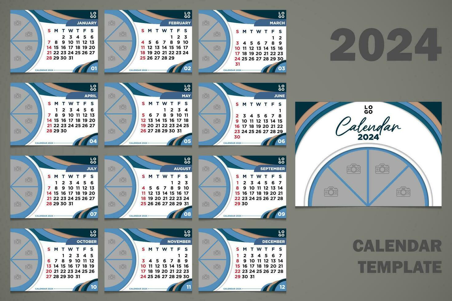 Vector Desk Calendar 2024 Template Abstract Blue Themes