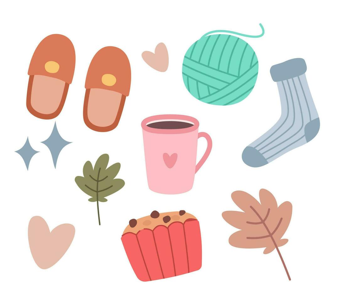 Hygge vibes flat design, a set of items including a cup of coffee, socks, and a sweater vector