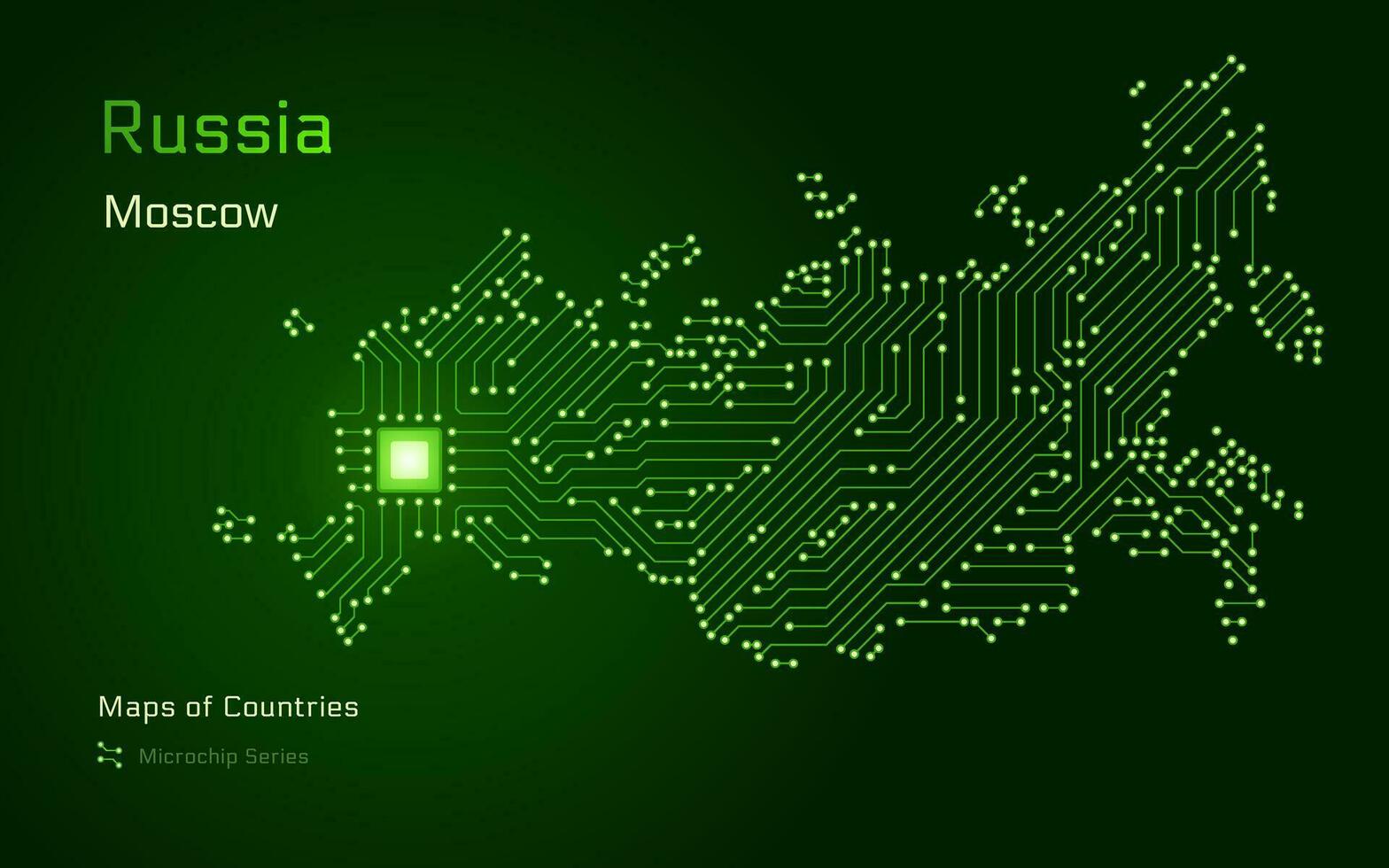 Russia Map with a capital of Moscow Shown in a Microchip Pattern with processor. E-government. World Countries vector maps. Microchip Series.