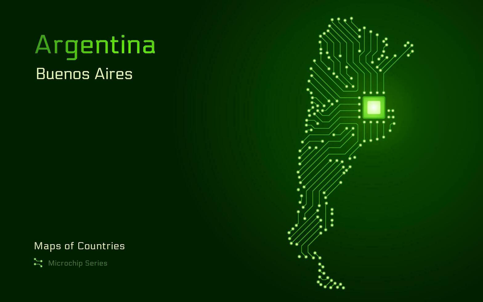 Argentina Map with a capital of Buenos Aires Shown in a Microchip Pattern with processor. E-government. World Countries vector maps. Microchip Series.