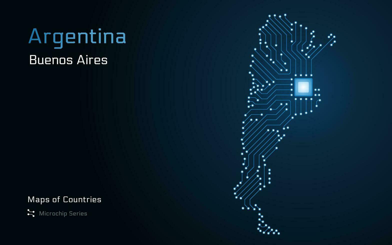 Argentina Map with a capital of Buenos Aires Shown in a Microchip Pattern with processor. E-government. World Countries vector maps. Microchip Series.