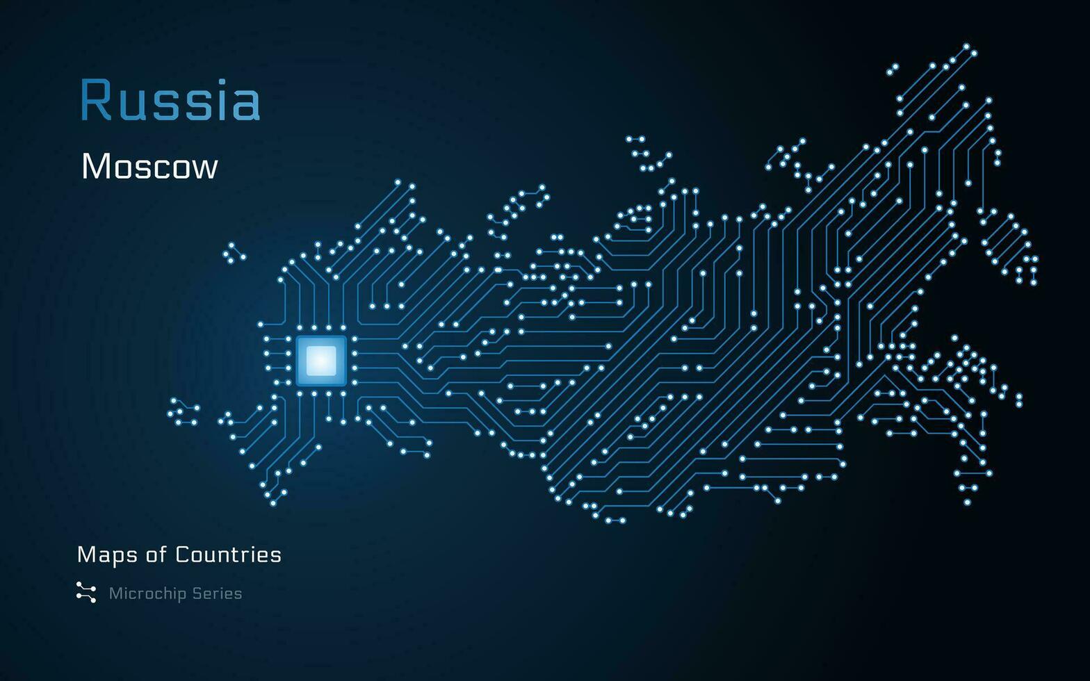 Russia Map with a capital of Moscow Shown in a Microchip Pattern with processor. E-government. World Countries vector maps. Microchip Series.