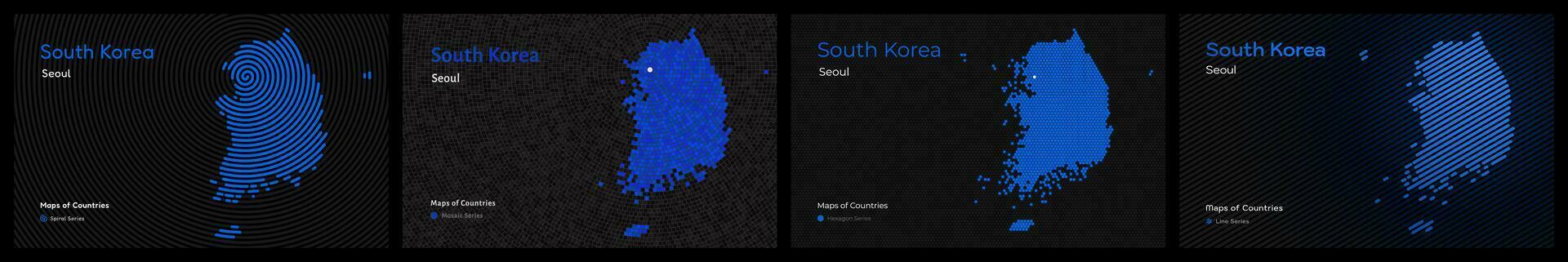 creativo mapa conjunto de 4 4 estilos de sur Corea. capital seúl capital. mundo países vector mapas serie. negro