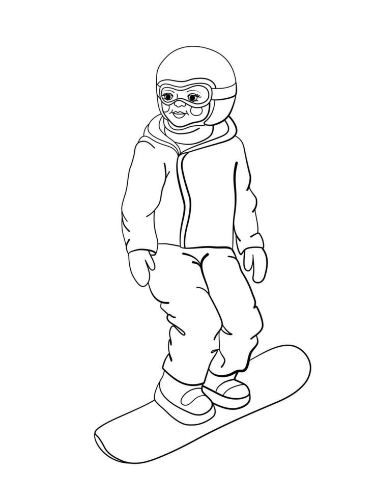 colorante. colorante página de un contento chico montando un tabla de snowboard para niños colorante libro diseño acerca de invierno juegos. vector