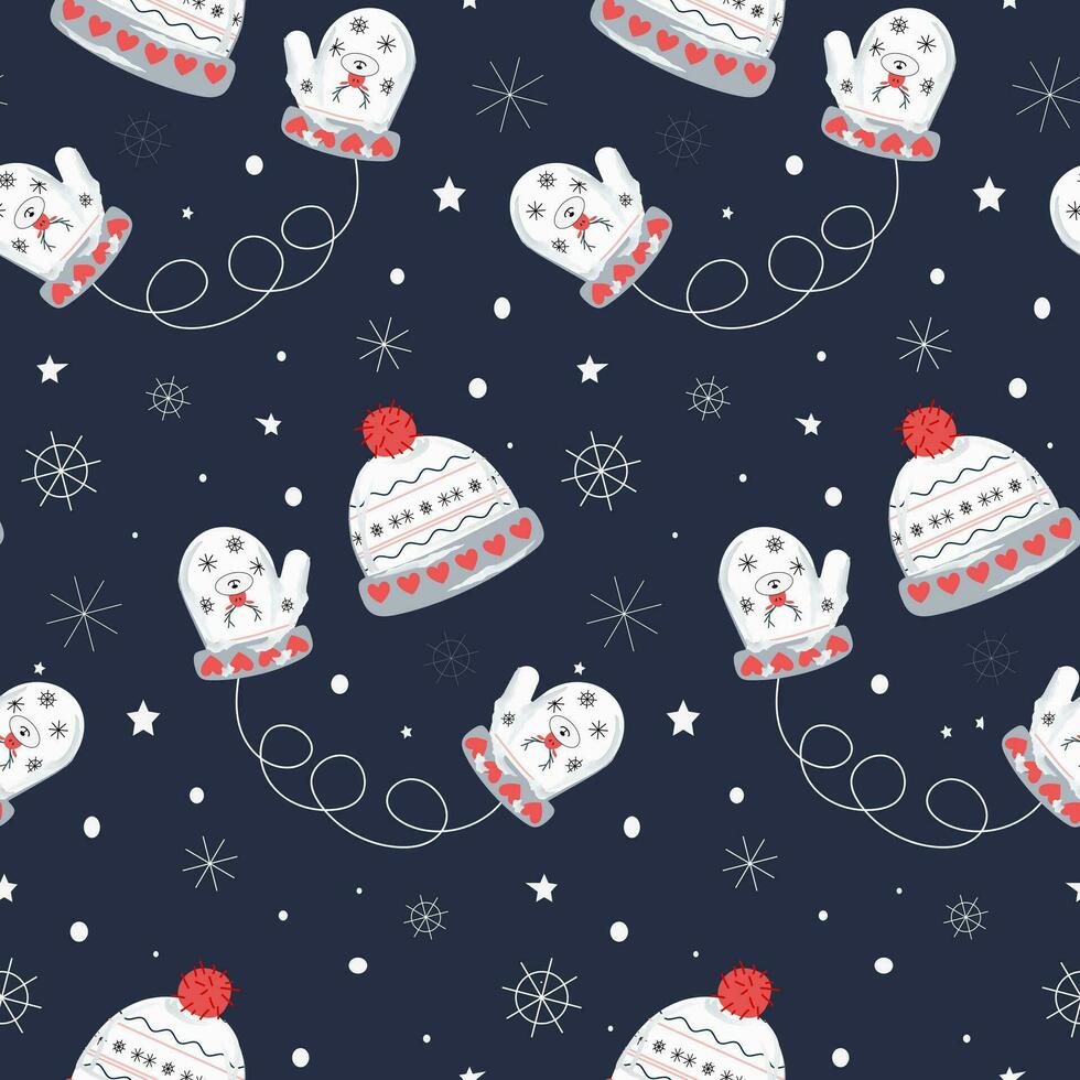 New Year's seamless pattern with a hat, mittens and snowflakes. Vector. On a dark blue background. For package, cards, prints. vector