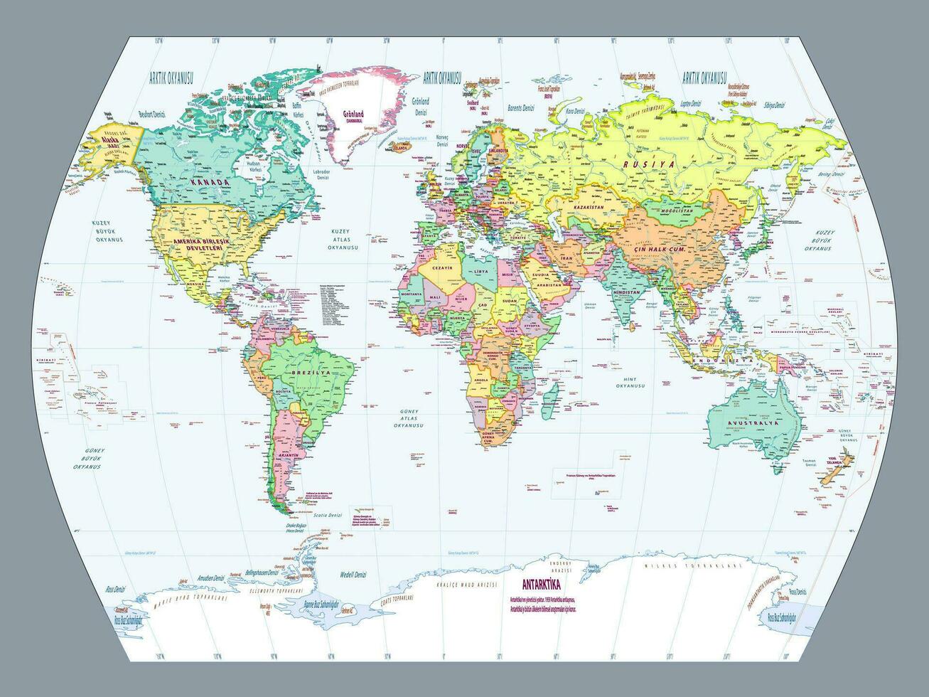 Turkish language political world map World times projection vector