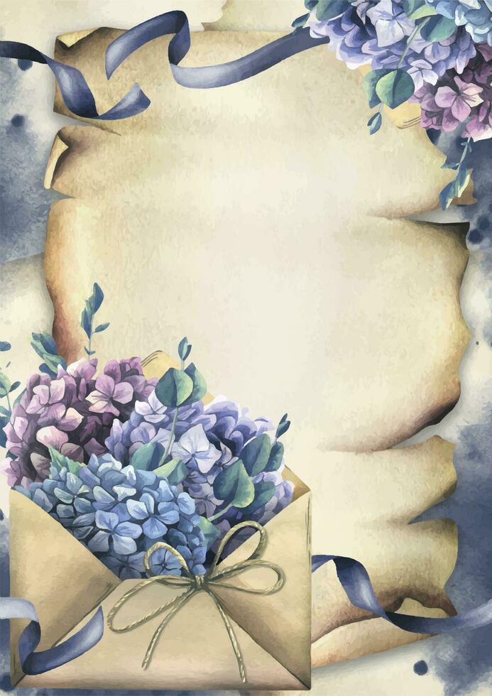 Craft envelope with hydrangea and eucalyptus flowers, ribbons, stains and splashes. Hand drawn watercolor illustration. Frame, vertical template for text on a paper scroll background vector