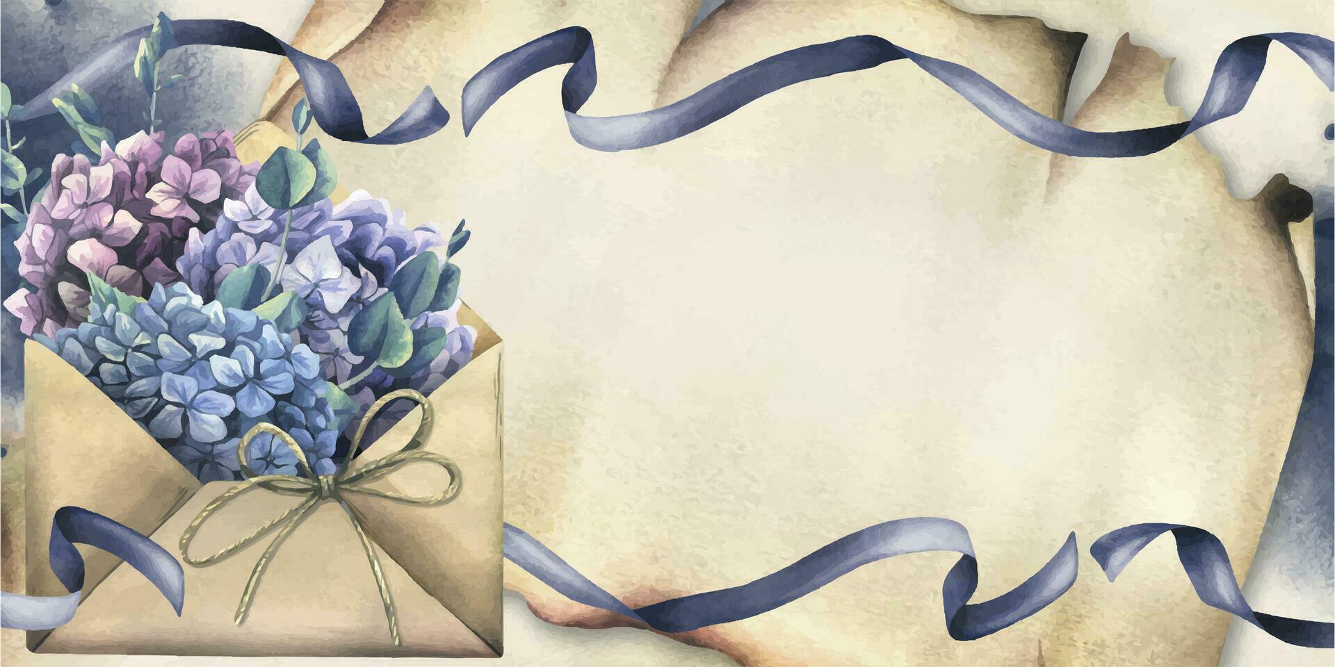 Craft envelope with hydrangea and eucalyptus flowers, ribbons, stains and splashes. Hand drawn watercolor illustration. Frame, horizontal template for text on a paper scroll. vector