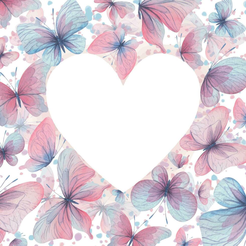 mariposas son rosa, azul, lila, volador, delicado con alas y salpicaduras de pintar. mano dibujado acuarela ilustración. corazón forma marco, modelo en un blanco fondo, para diseño. vector