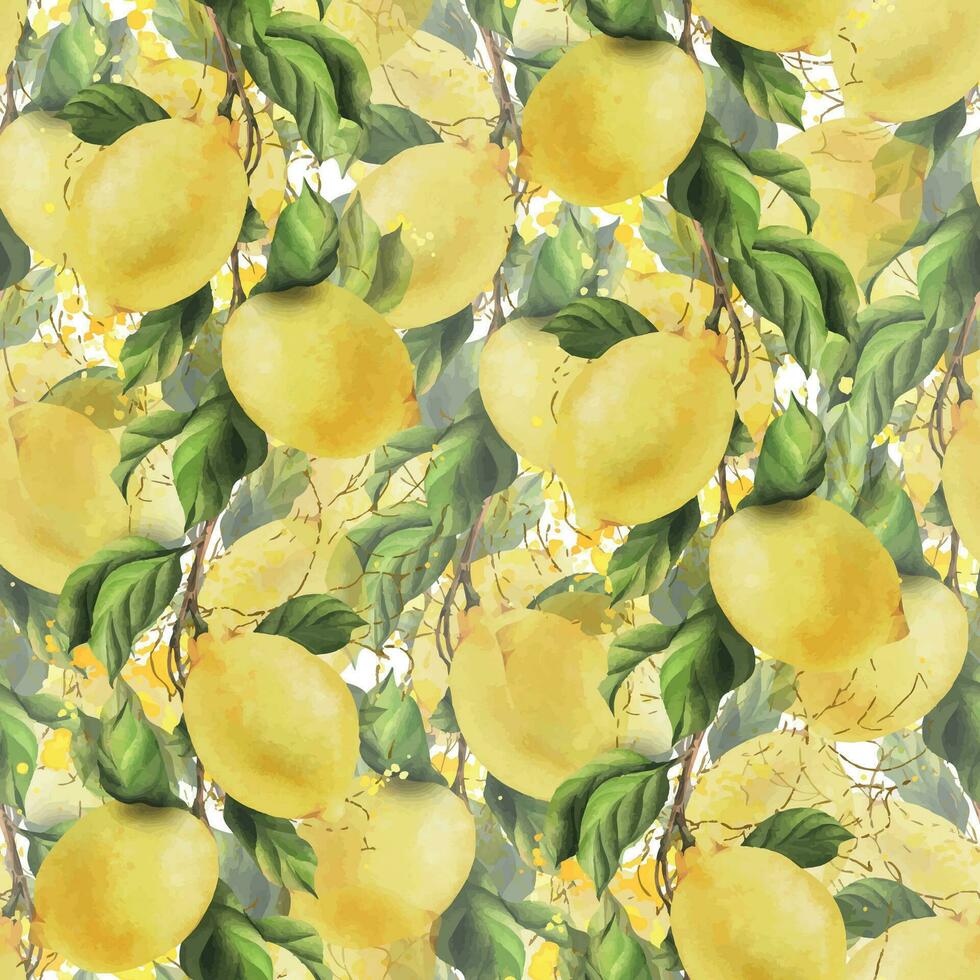 Lemons are yellow, juicy, ripe with green leaves, flower buds on the branches, whole and slices. Watercolor, hand drawn botanical illustration. Seamless pattern on a white background vector