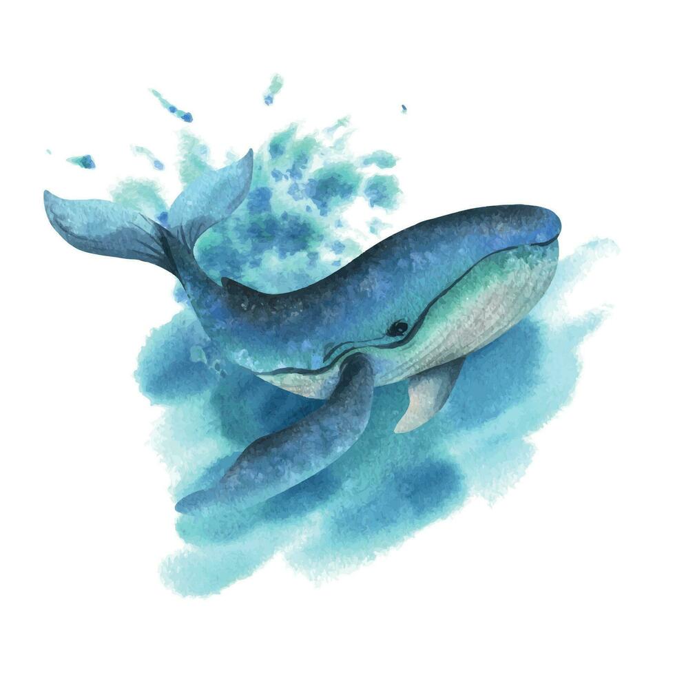 Underwater world clipart with sea animals whale, turtle, octopus, seahorse, starfish, shells, coral and algae. Hand drawn watercolor illustration. Isolated composition on a white background. vector