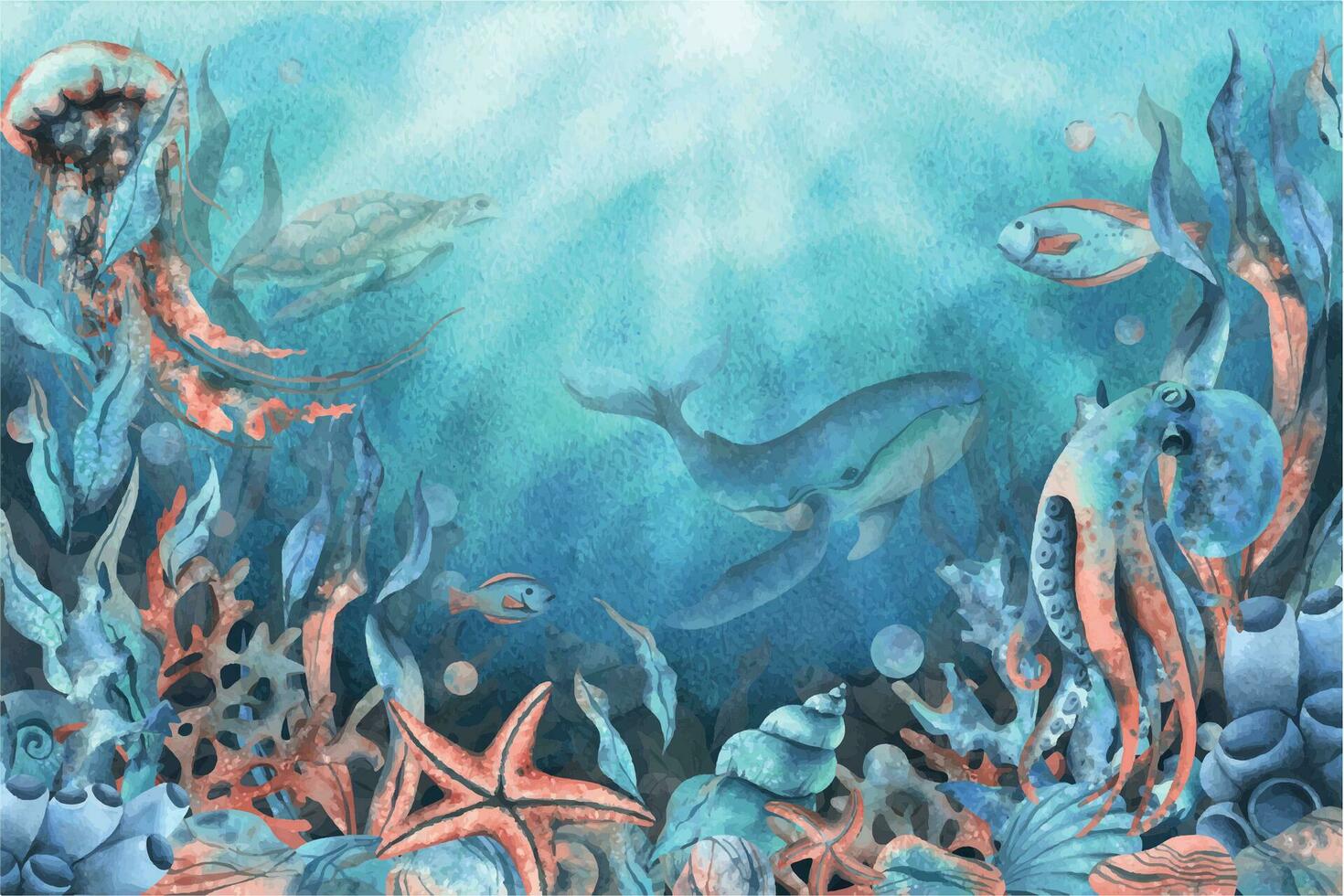 Underwater world clipart with sea animals whale, turtle, octopus, seahorse, starfish, shells, coral and algae. Hand drawn watercolor illustration. Set of isolated objects on a blue background vector