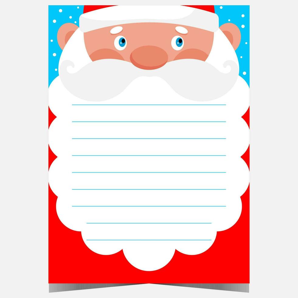 Christmas letter or wish list template with Santa Claus on background and empty space to write a greeting text or congratulation message on Santa's beard. Ready to print vector illustration.