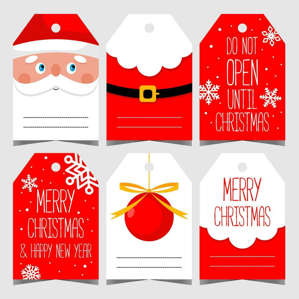 Christmas label or tag for gift with decorative elements as Santa Claus, snowflakes and Christmas ball. Vector design template with empty space to write a text or greeting message.