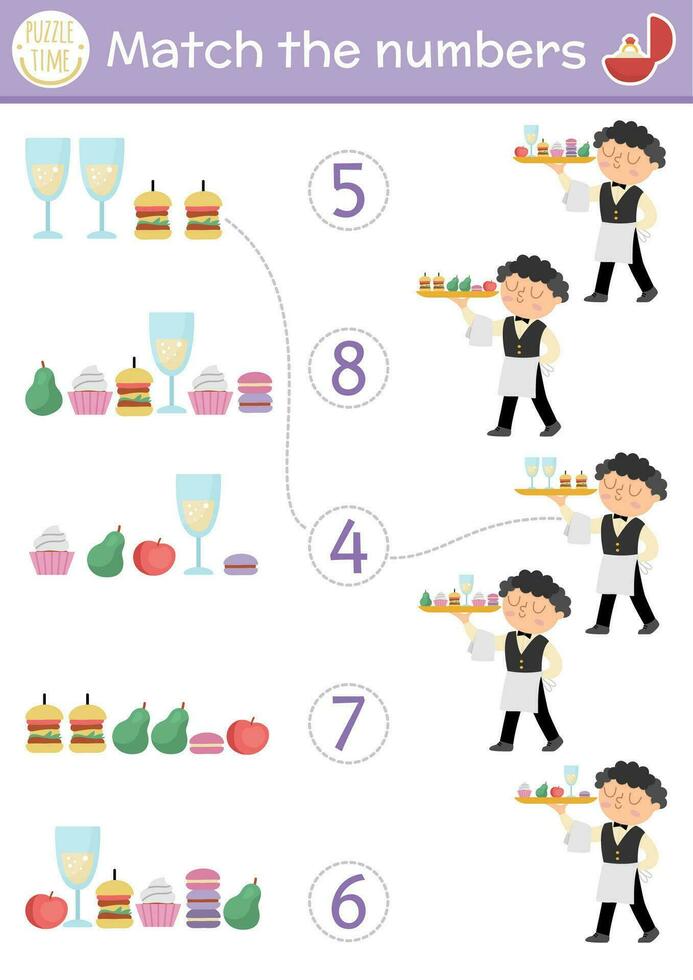 Match the numbers wedding game with waiter and candy bar food. Marriage ceremony math activity for preschool kids. Educational counting worksheet with traditional holiday food vector