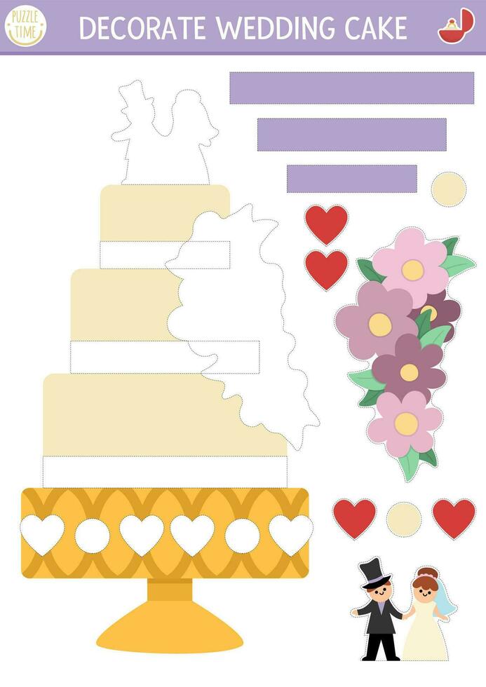 Vector wedding cut and glue activity. Decorate the cake. Crafting game with marriage dessert. Printable worksheet for children. Find the right piece of the puzzle. Complete the picture