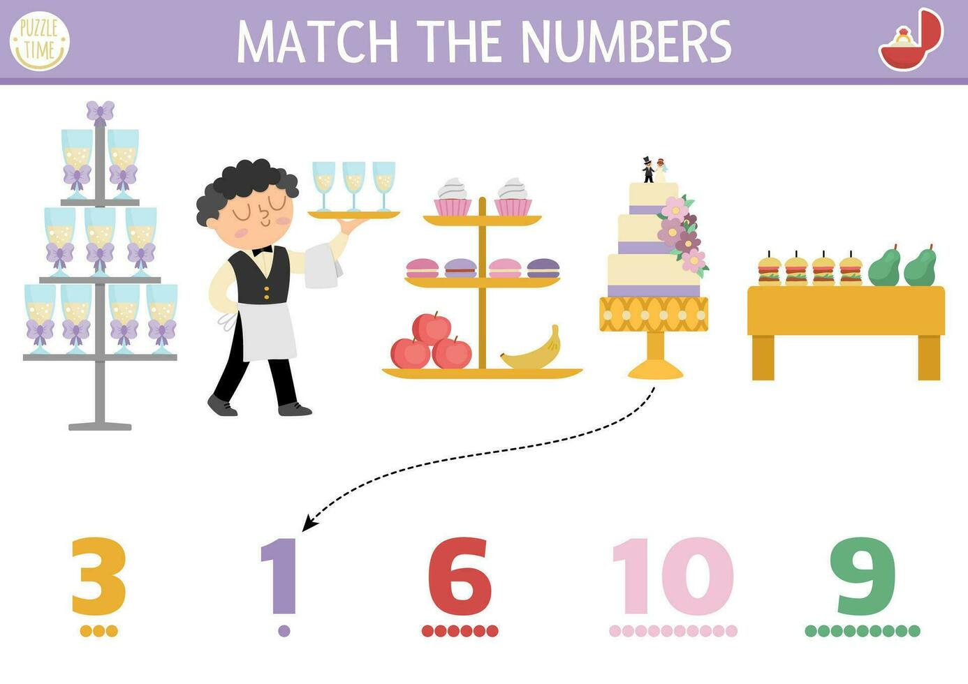 Match the numbers wedding game with waiter and candy bar food. Marriage ceremony math activity for preschool kids. Educational counting worksheet with traditional holiday food, desserts, cake vector