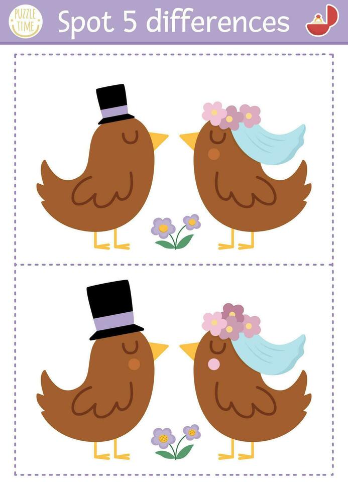 Find differences game for children. Wedding educational activity with cute married birds couple. Marriage ceremony puzzle for kids with funny animal bride and groom. Printable worksheet vector