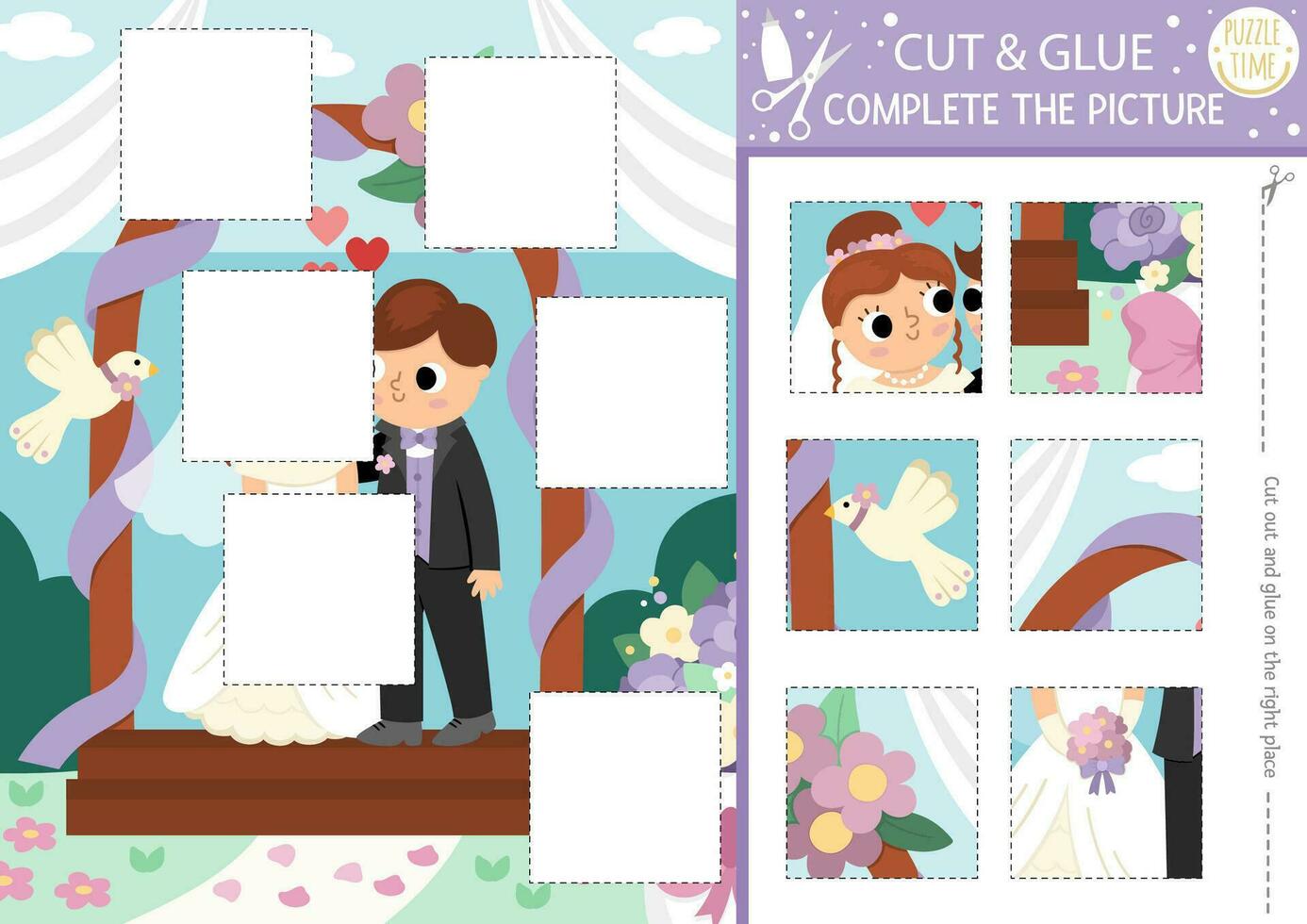 Vector wedding cut and glue activity. Crafting game with marriage scene, bride and groom under the arch. Printable worksheet for children. Find the right piece of the puzzle. Complete the picture