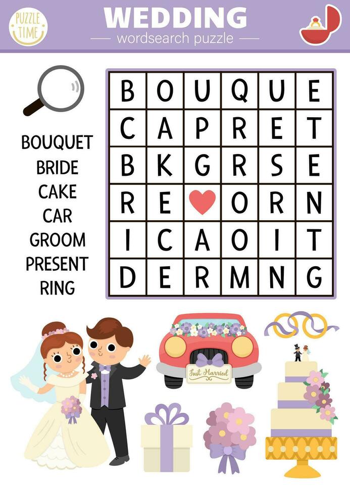 Vector wedding wordsearch puzzle for kids. Simple word search quiz with marriage ceremony landscape for children. Educational activity with bride, groom, cake. Cross word with traditional symbols