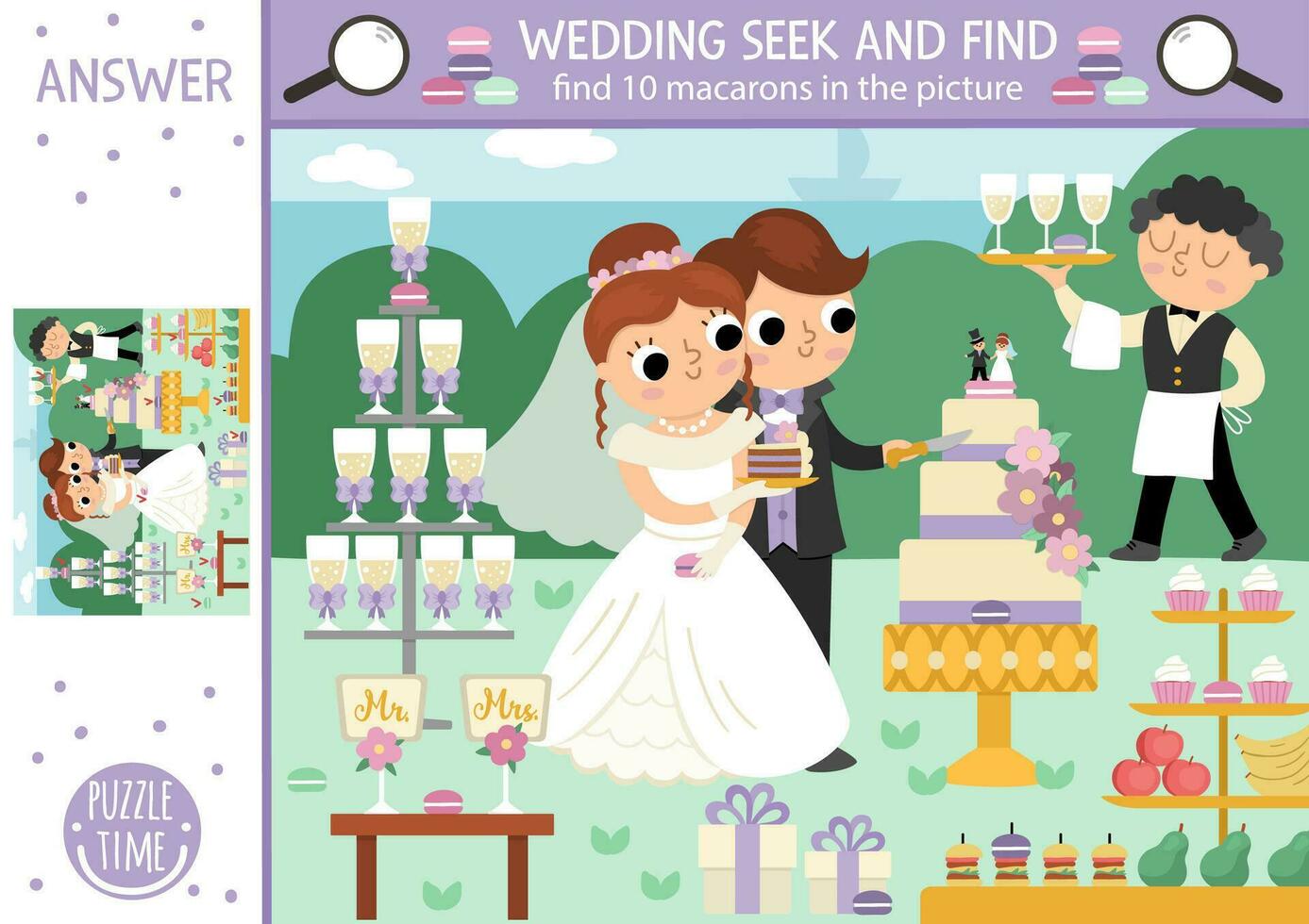 Vector wedding searching game with marriage ceremony scene. Spot hidden macarons in the picture. Simple seek and find educational printable activity for kids with cute bride, groom, cake, desserts