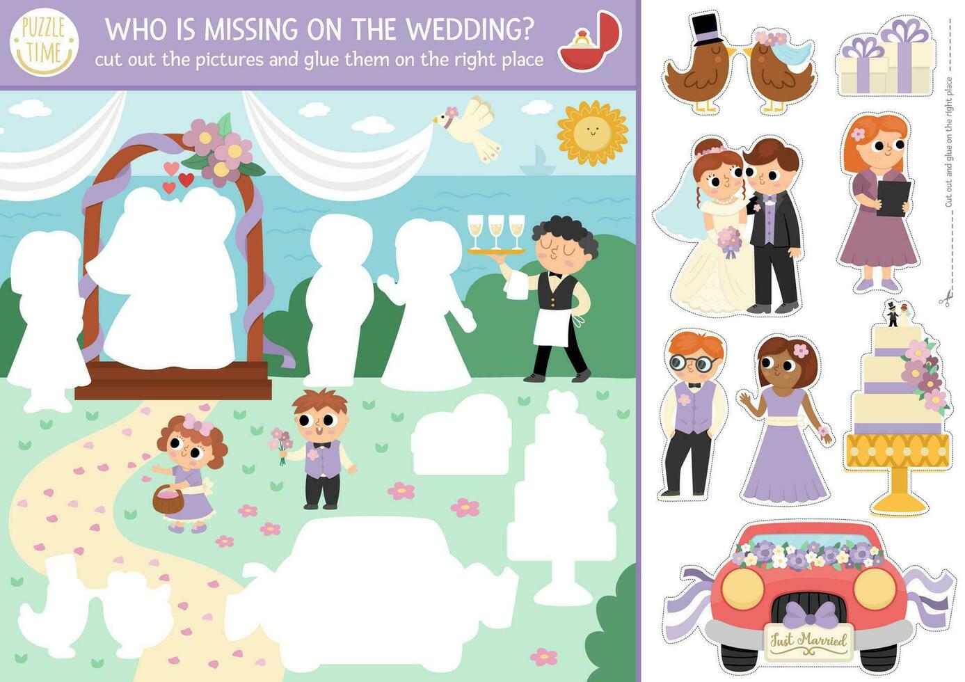 Vector wedding cut and glue activity. Crafting game with marriage ceremony scene, bride and groom. Fun printable worksheet for children. Find the right piece of the puzzle. Complete the picture