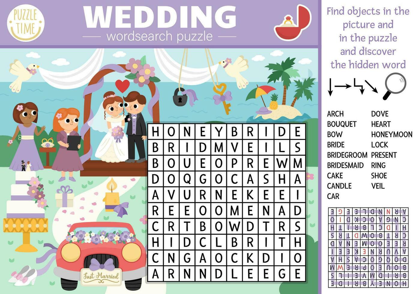 Vector wedding wordsearch puzzle for kids. Word search quiz with marriage ceremony landscape for children. Educational activity with bride, groom, guests, cake. Cross word with holiday scene