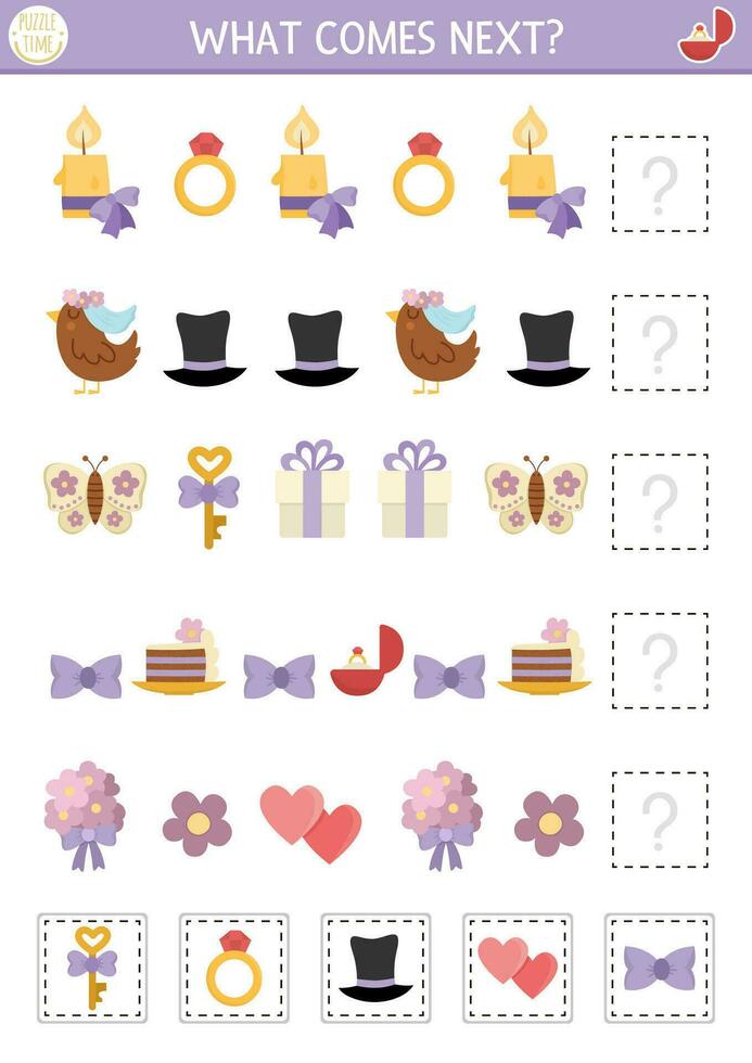 What comes next. Wedding matching activity for preschool children with traditional symbols. Funny Marriage ceremony puzzle or logical worksheet. Continue the row game with ring, bow, candle vector