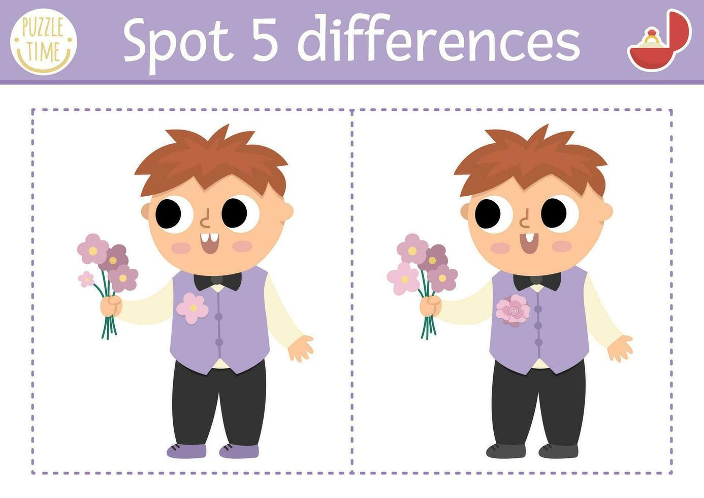 Find differences game for children. Wedding educational activity with cute boy with bouquet of flowers. Marriage ceremony puzzle for kids with funny little kid guest. Printable worksheet or page vector