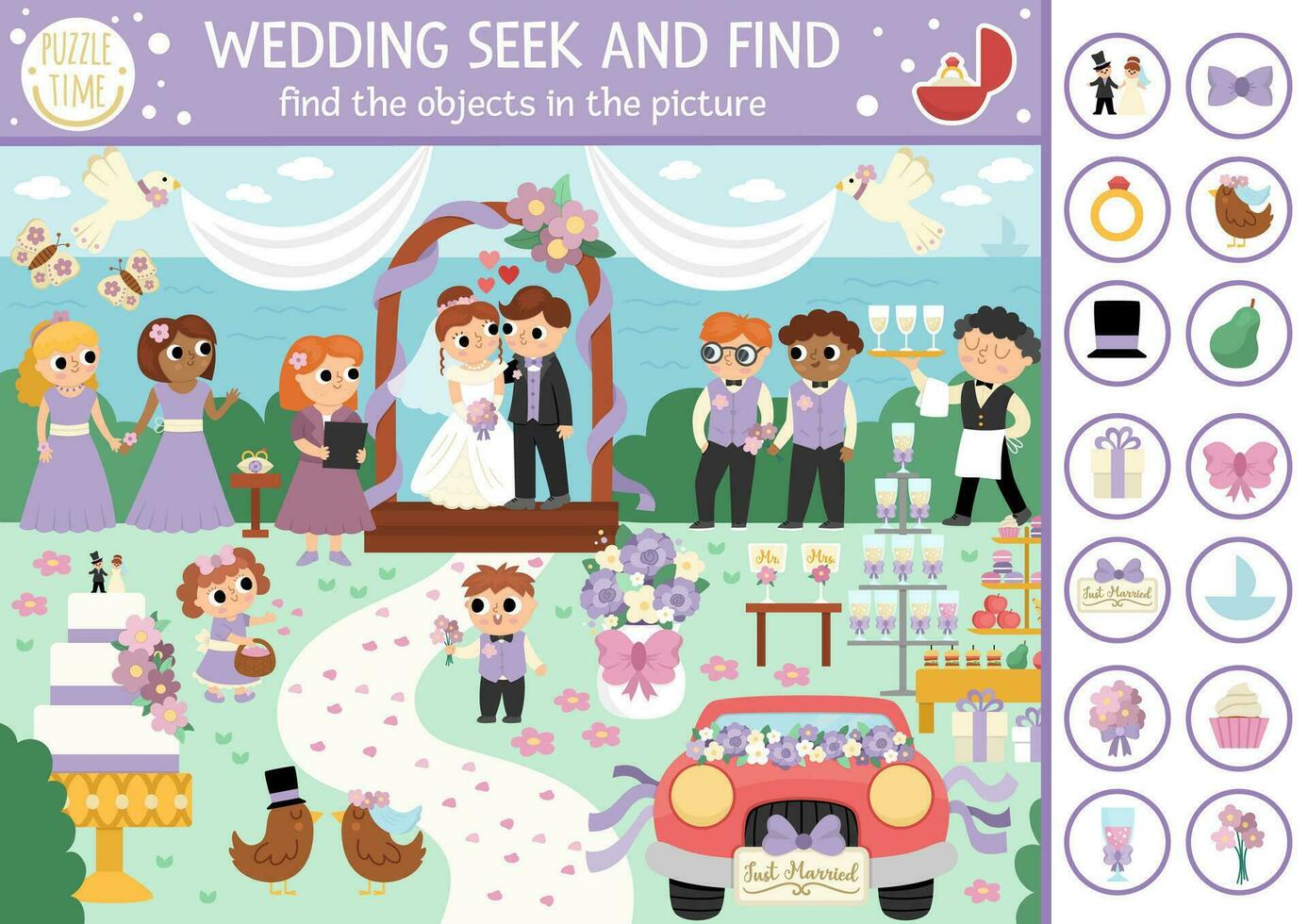 Vector wedding searching game with marriage ceremony scene. Spot hidden objects in the picture. Simple seek and find educational printable activity for kids with cute bride, groom, guests