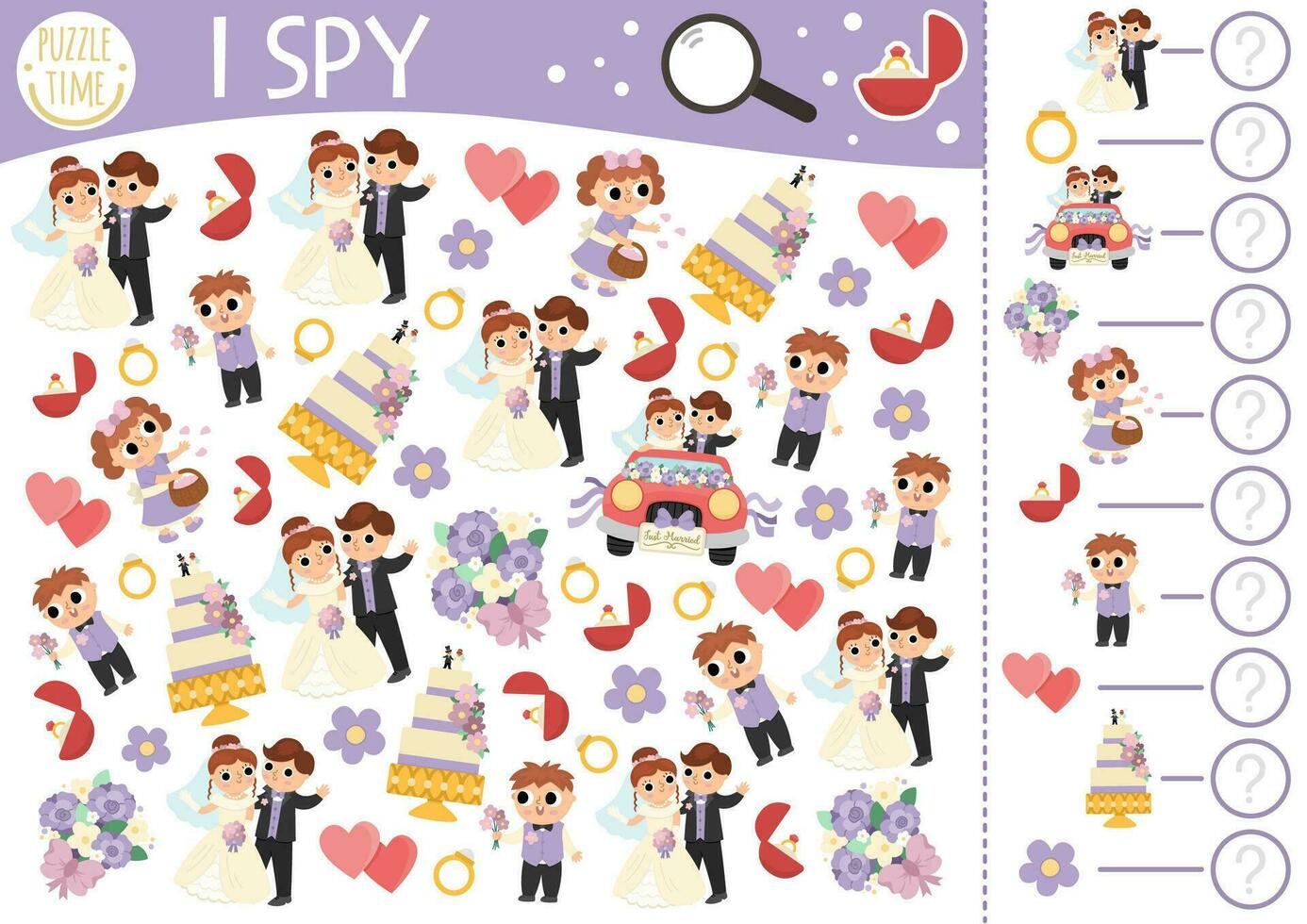 Wedding I spy game for kids. Searching and counting activity with symbols. Marriage ceremony printable worksheet. Simple spotting puzzle with bride, groom, honeymoon car, cake vector