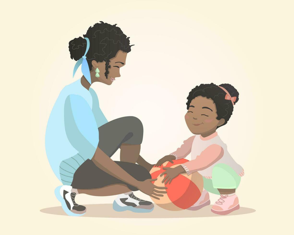 Mom plays ball with her daughter. Black skin people. Cartoon vector illustration.