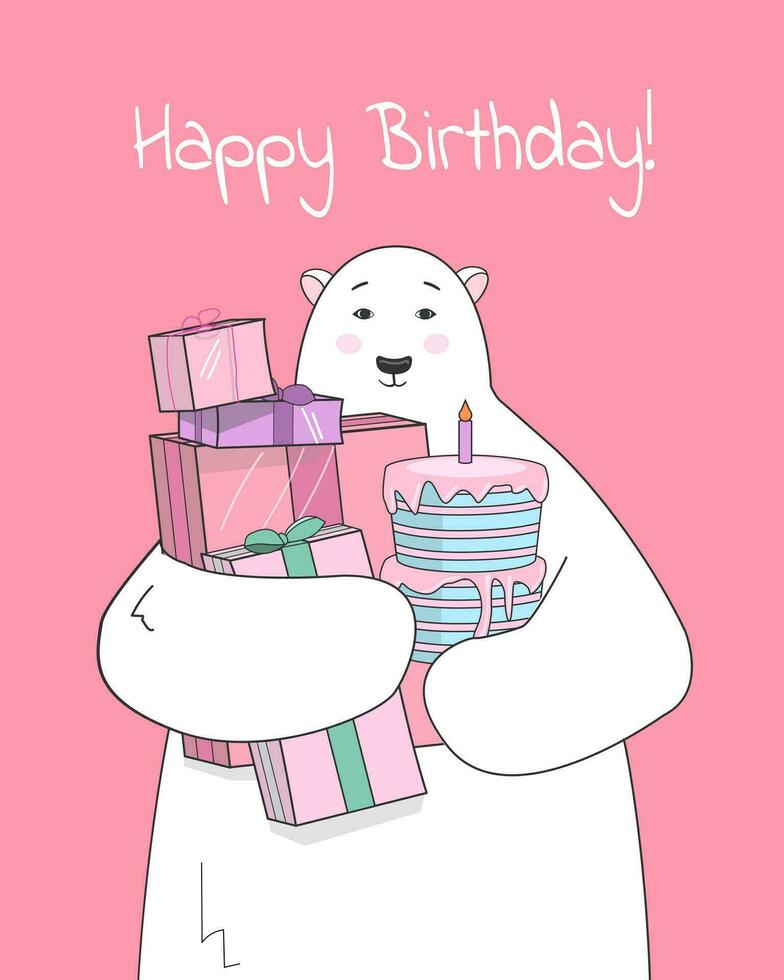 Cute polar bear holds a birthday cake with gifts. Greeting card Happy Birthday in winter. Isolated vector illustrations