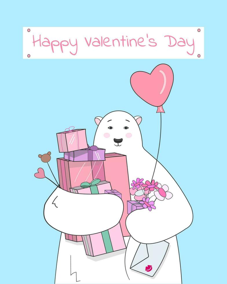 Cute polar bear with gifts for valentines day. Greeting seasonal for scrapbooking, card, poster and invitations.Vector illustration. vector