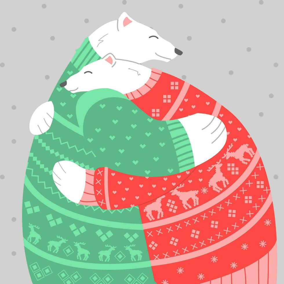 Polar bears cuddle in Christmas sweaters. Ideal for print, poster. Vector illustration.