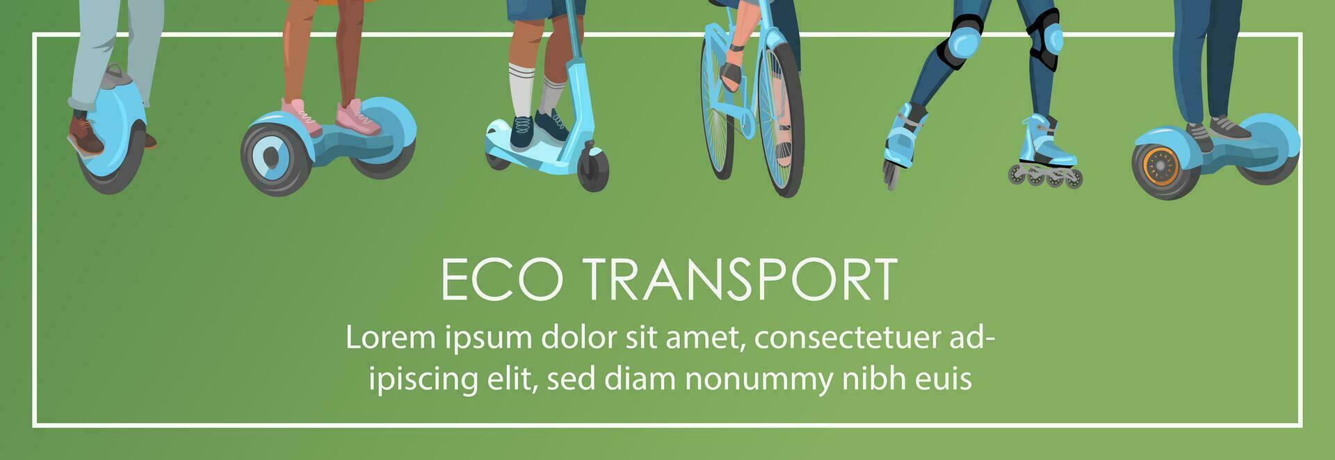 Vector web banner with dwellers riding electric transport. Legs on gyroboards, bicycles, scooters, skateboards. Green eco transport banner template, picture and text