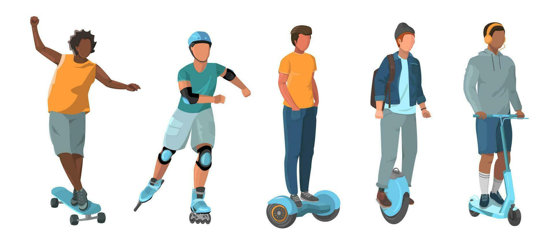 mans on a city transport. Set of young mans riding skateboard, gyro scooter, electric unicycle and other personal transporters. Flat modern trendy style.Vector illustration. Eco transportation concept vector