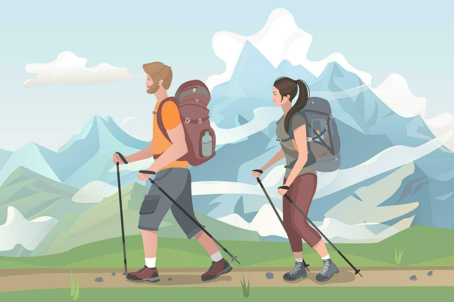 Pareja con mochilas de viaje juntos. montaña turismo, recreación, senderismo, senderismo. hermosa al aire libre paisaje. vector ilustración.