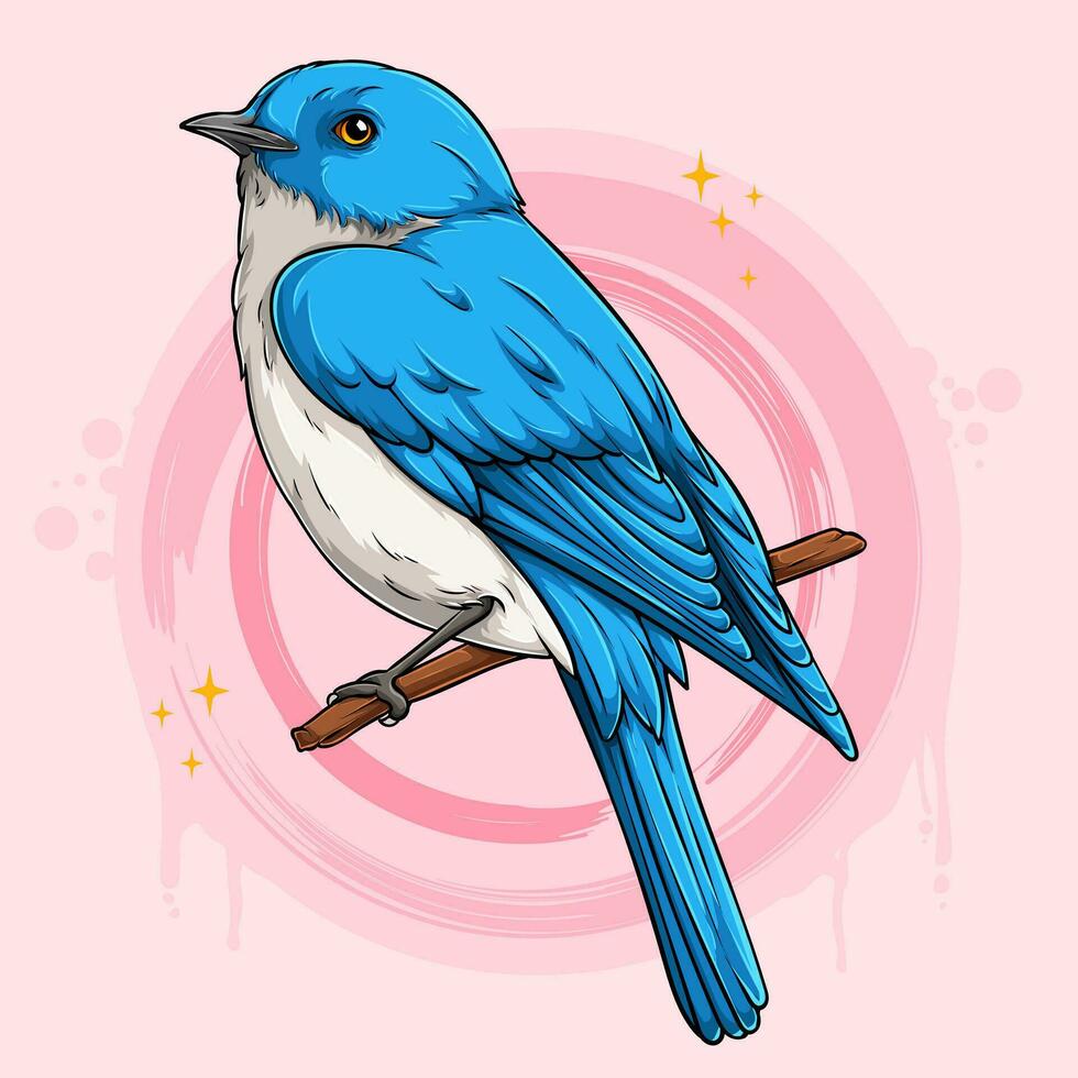 Hand drawn beautiful Western Bluebird on branch isolated on pink background, Sialia mexicana bird vector
