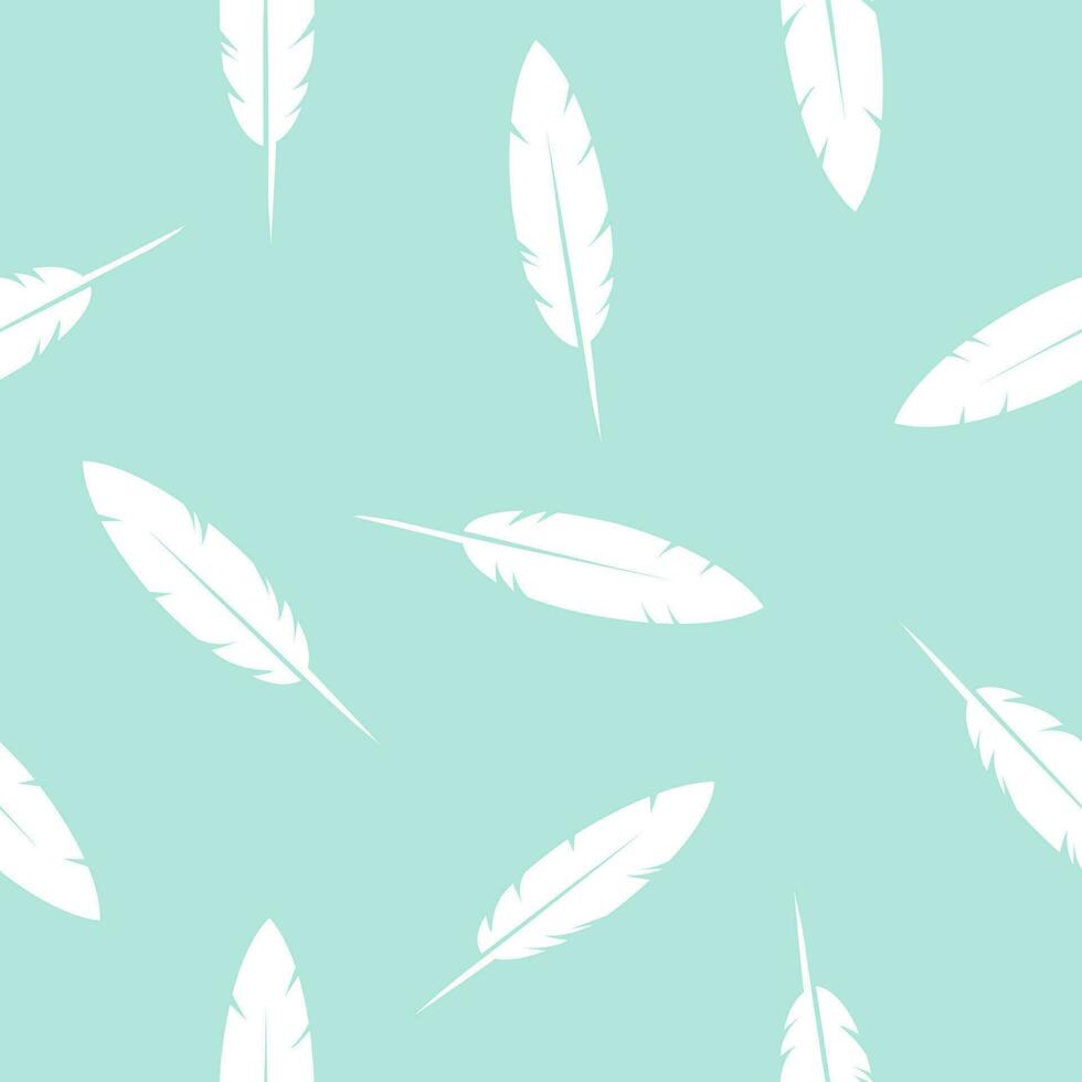 Birds Feather- seamless pattern, turquoise and white background, design element vector