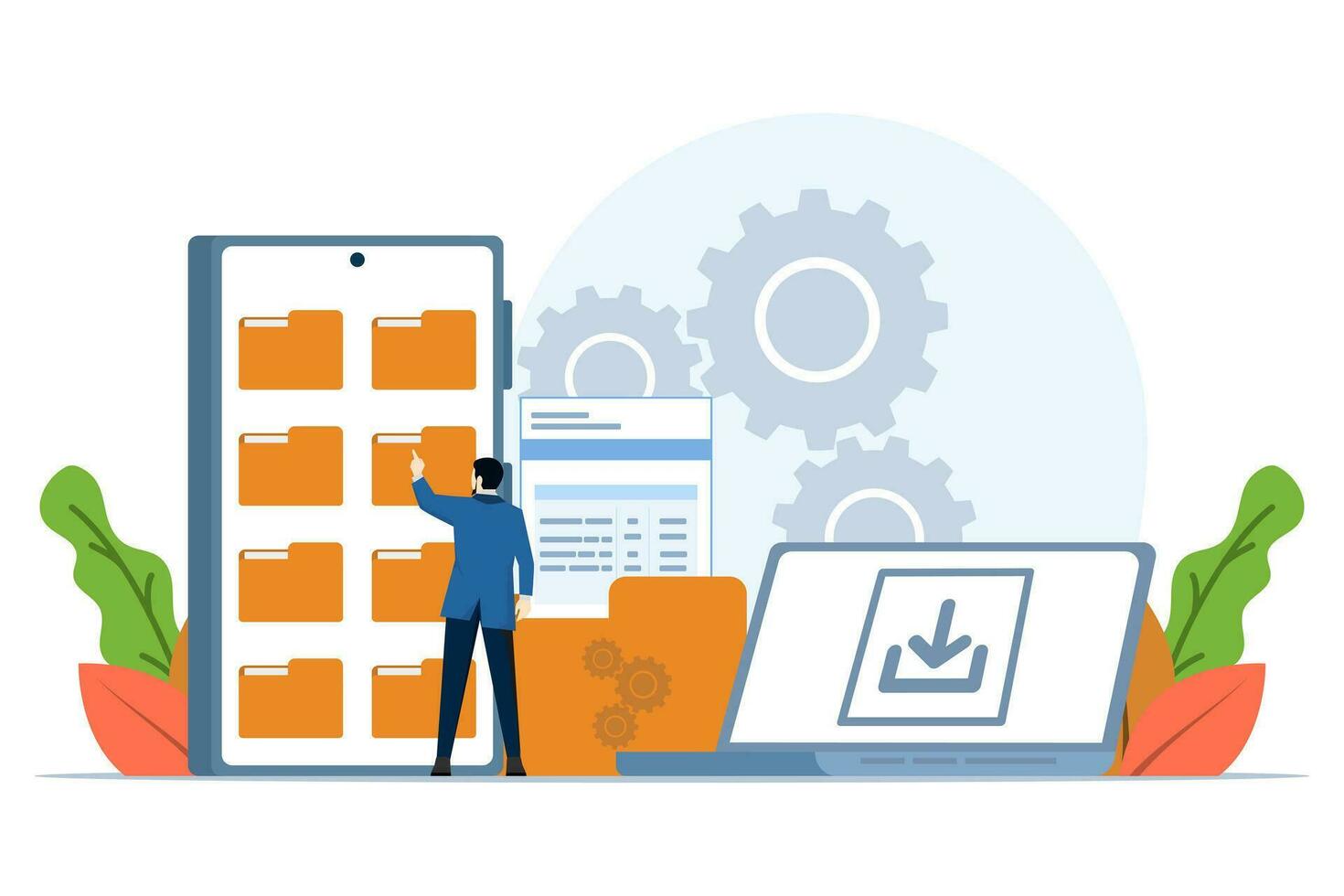 Administrative concept of file management, data archiving, folder, gallery, notes, database, data or file access characters. flat illustration vector template on white background.