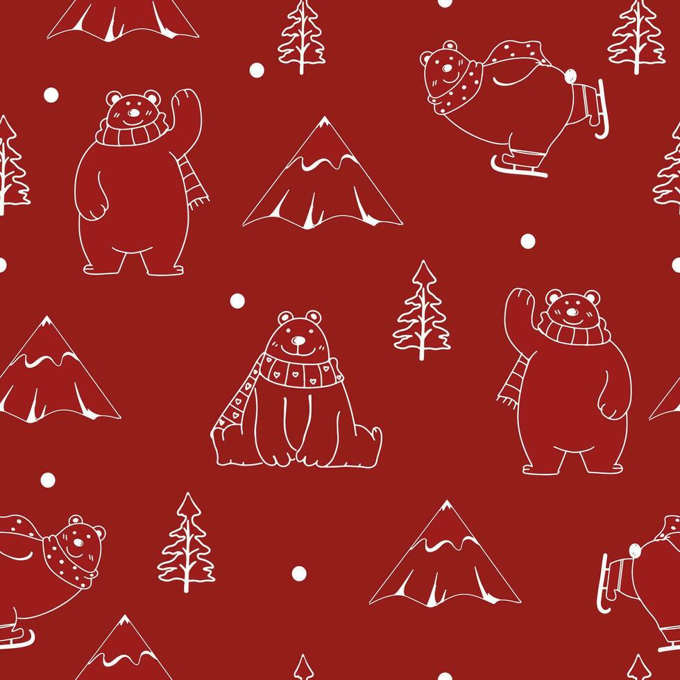 Cute teddy bear cartoon having fun in winter forest seamless pattern vector