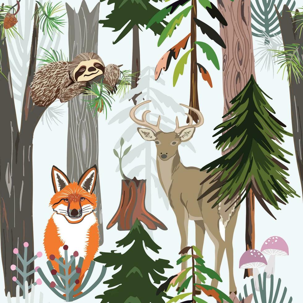 Cute animal in the forest, sloth  deer and wolf fox in jungle,illustration vector
