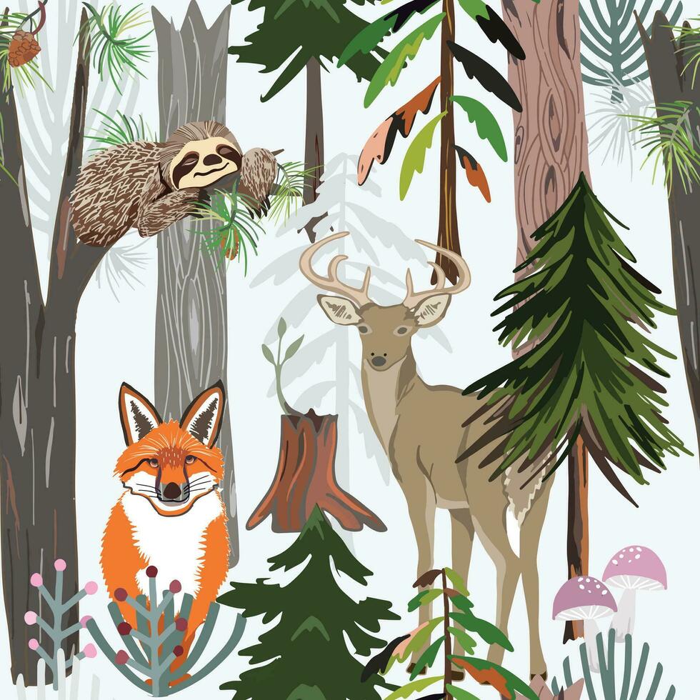 linda animal en el bosque, perezoso ciervo y lobo zorro en selva, ilustración vector