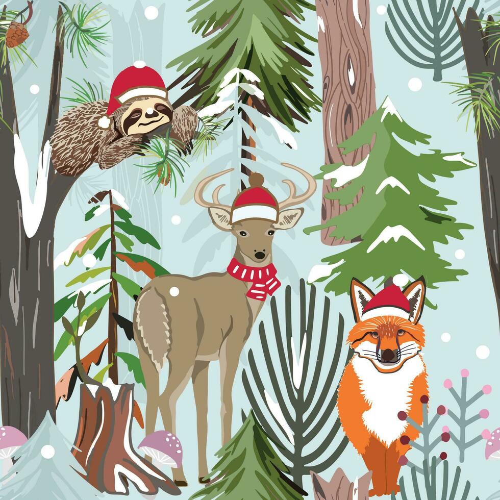 Cute animal cartoon happy on christmas day in the forest. vector