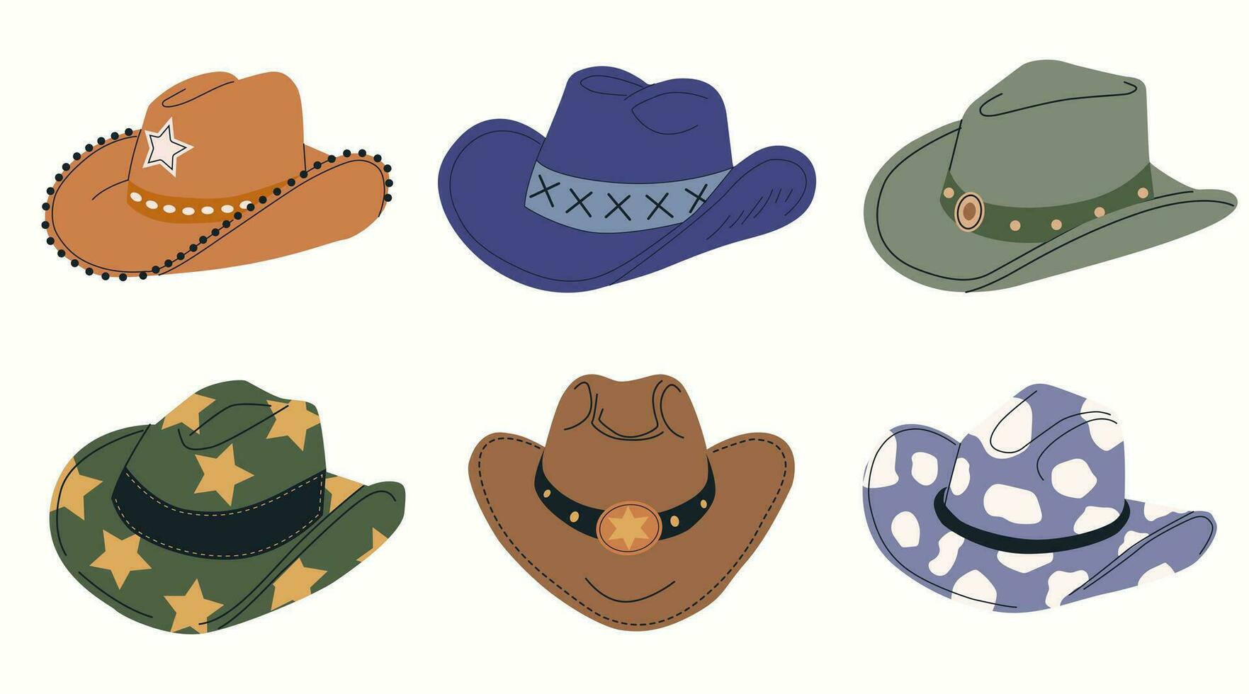 Hand drawn vector cowboy hats. Colored flat vector illustration. Collection of retro elements. Cowboy Western and Wild West theme.