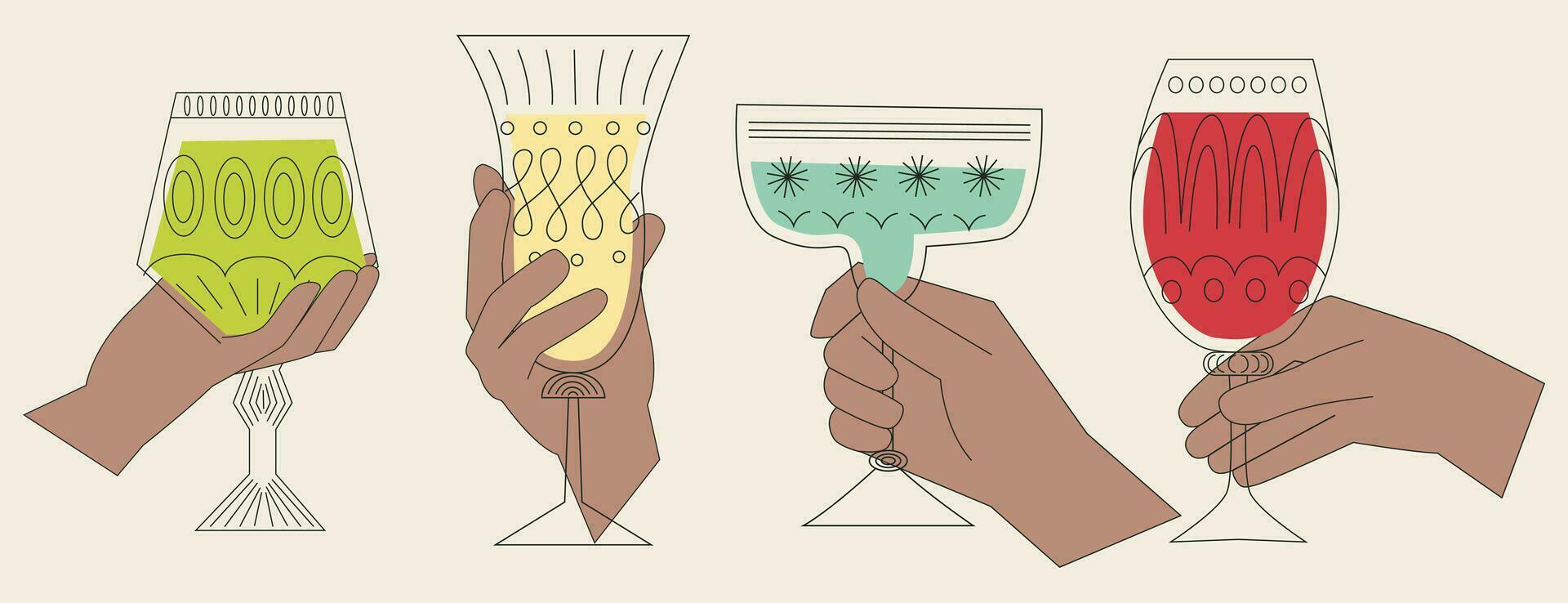 A set of alcoholic cocktails in glasses of different shapes. Hands hold drinks in different types of vintage glasses. Linear vector illustration. Cartoon retro style