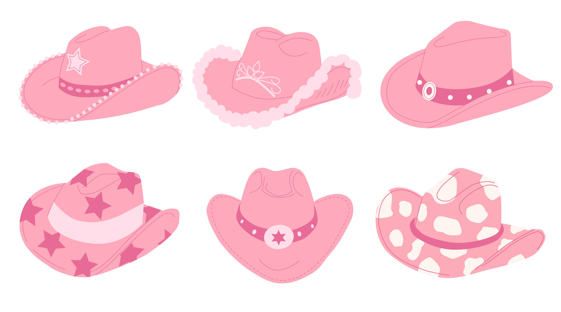 Hand drawn female cowboy hats. Pink cowgirl hats flat vector